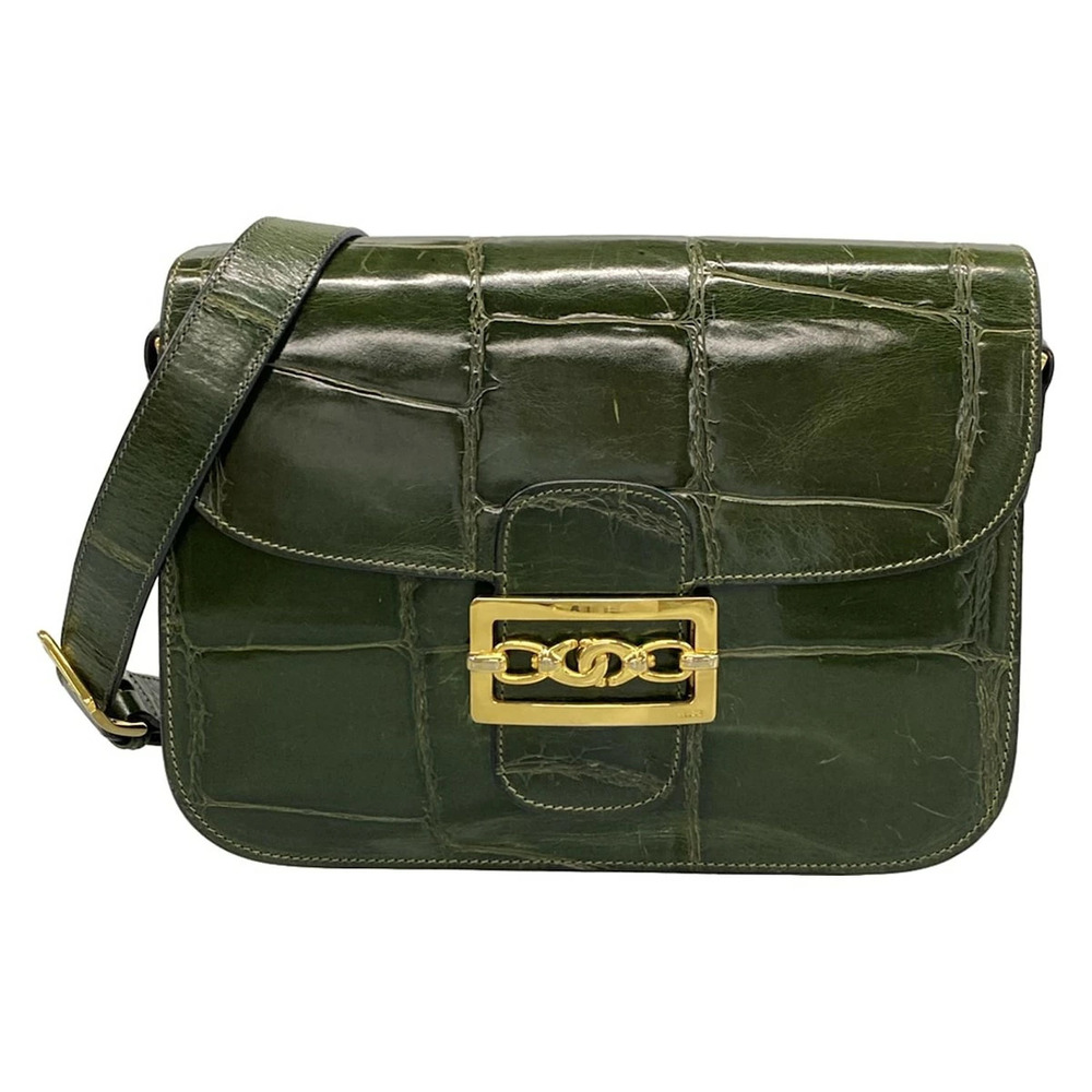 CELINE Shoulder Bag Embossed Leather Dark Green